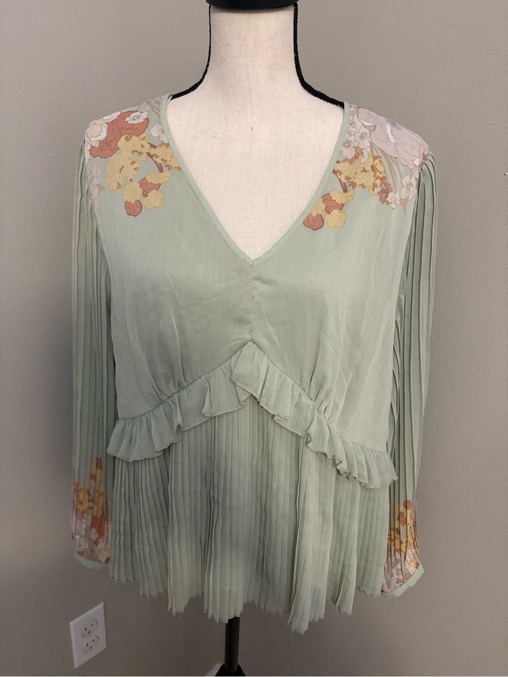 DR2 Sage Green Pleated Ruffle V-Neck Blouse with Floral Accents